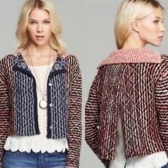 FREE PEOPLE Aztec Knit Wool Blend Open Back Cardigan Blue Red Boho - Size XS - Picture 1 of 12